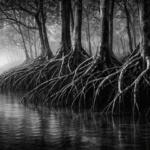 Image panoramique en noir et blanc montrant des racines de mangrove s’étendant dans une eau peu profonde, formant une structure interconnectée et flexible.