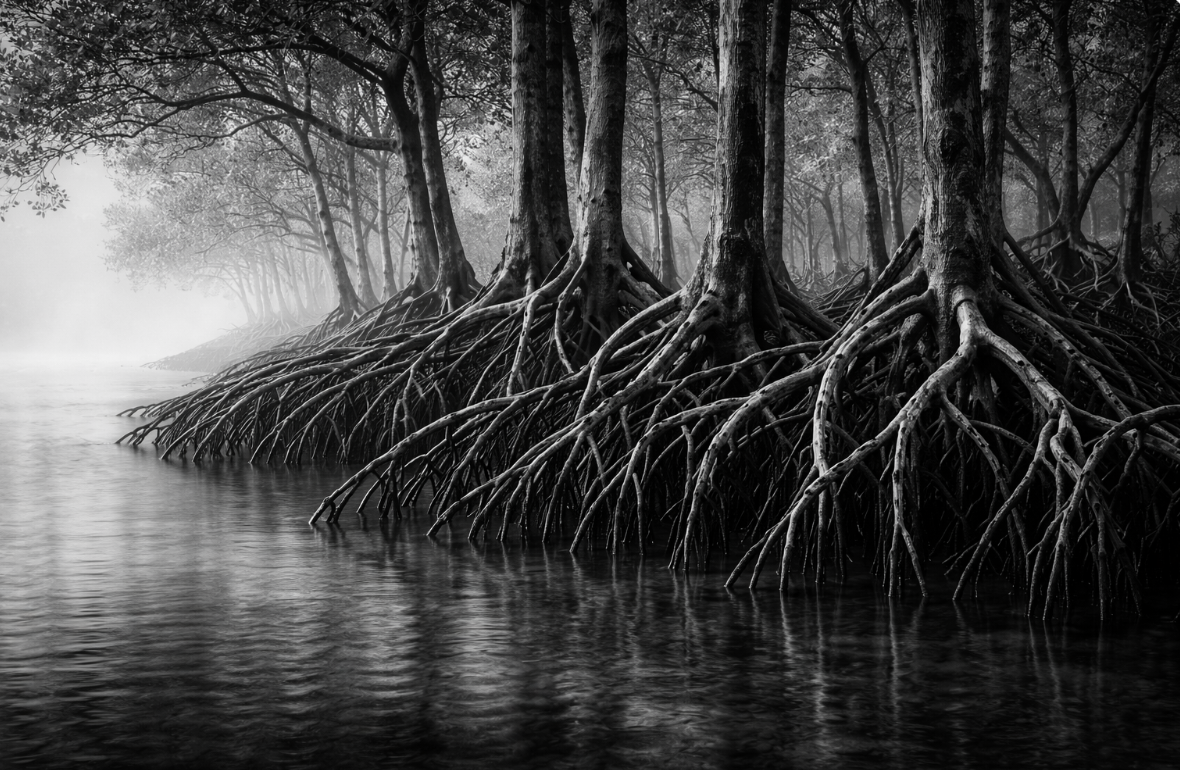 Image panoramique en noir et blanc montrant des racines de mangrove s’étendant dans une eau peu profonde, formant une structure interconnectée et flexible.